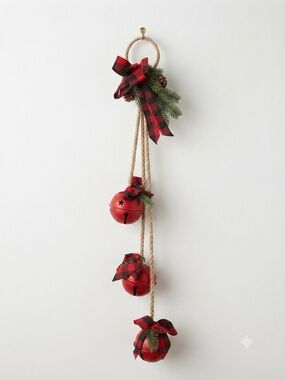 Martha Stewart Red Buffalo Plaid Jingle Bell Door Hanger, Garland Christmas NWT